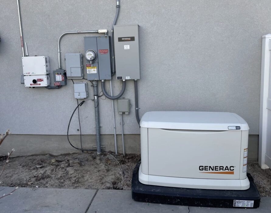 Generac standby generator on a pad beside the meter, disconnects and automatic transfer switch, Vancouver WA